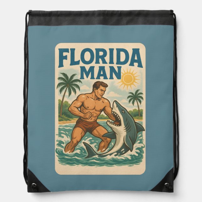 Florida Man Shark Wrestler | Retro Beach Daypack Drawstring Bag (Front)