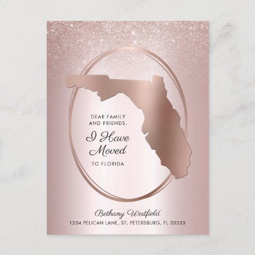 Florida Map I Moved Rose Gold Glitter New Address Announcement Postcard