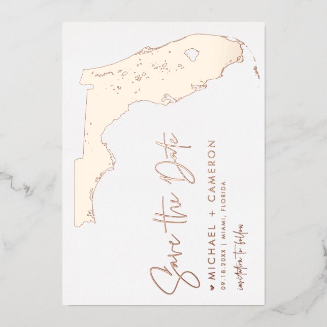 Florida Map Minimalist Script Photo Save The Date Foil Invitation (Front)