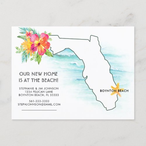 Florida Map Ocean Waves New Address Announcement Postcard
