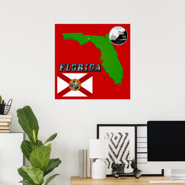 Florida Map, Picture Text and State Faux Quarter Poster (Home Office)