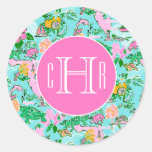 Florida Map Preppy Palm Beach Pattern Monogrammed Classic Round Sticker