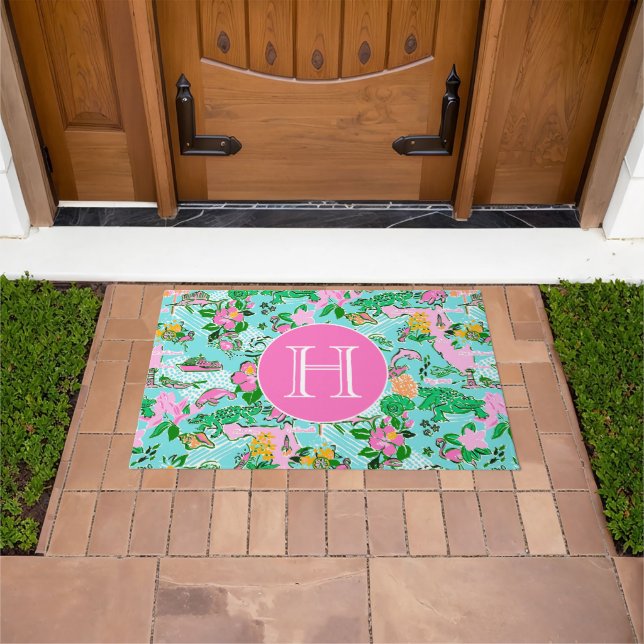 Florida Map Preppy Palm Beach Pattern Monogrammed Doormat (Outdoor)