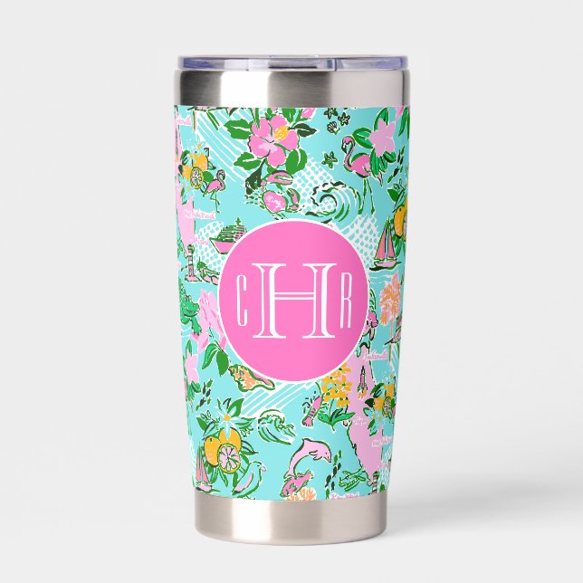 Florida Map Preppy Palm Beach Pattern Monogrammed Insulated Tumbler (Front)