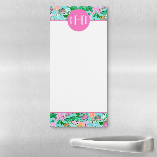 Florida Map Preppy Palm Beach Pattern Monogrammed Magnetic Notepad (In Situ)