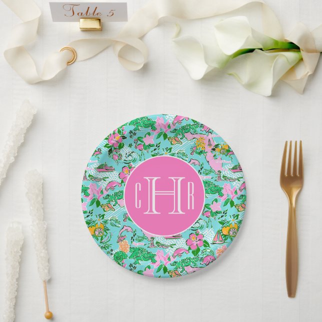 Florida Map Preppy Palm Beach Pattern Monogrammed Paper Plates (Wedding)