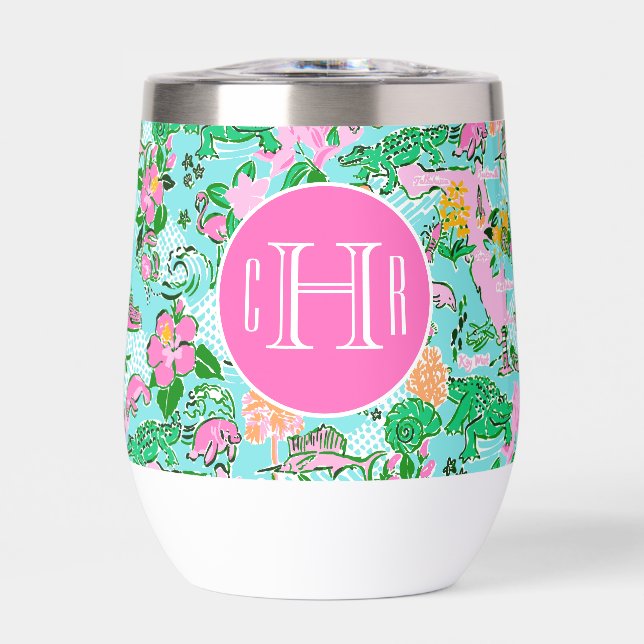 Florida Map Preppy Palm Beach Pattern Monogrammed Thermal Wine Tumbler (Front)