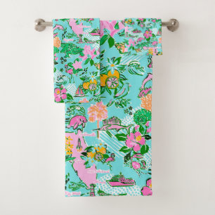 Florida Map Preppy Palm Beach Pattern Print Bath Towel Set