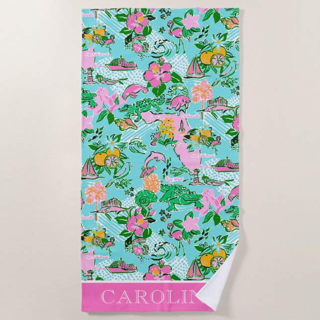 Florida Map Preppy Palm Beach Pattern Print Beach Towel (Front)