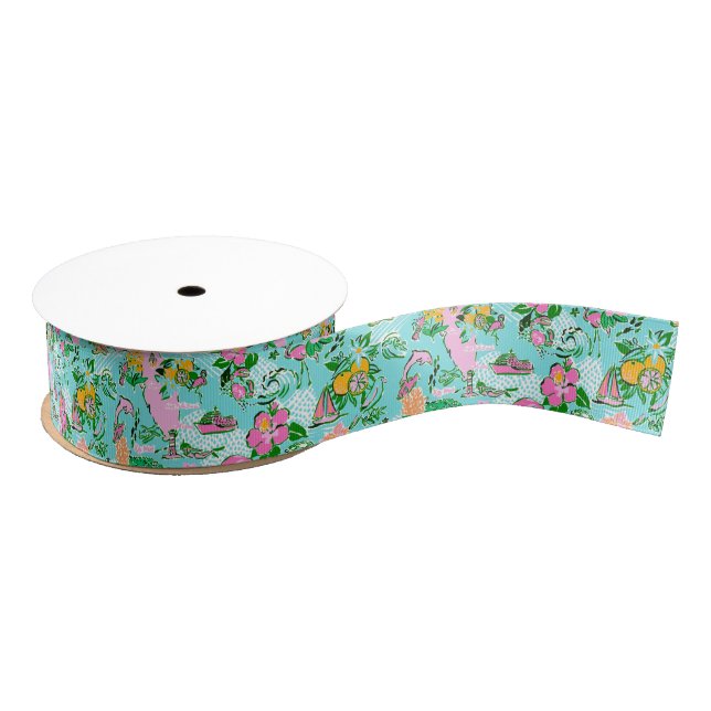 Florida Map Preppy Palm Beach Pattern Print Grosgrain Ribbon (Spool)