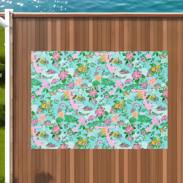 Florida Map Preppy Palm Beach Pattern Print Outdoor Rug (Insitu (Outdoor 1))