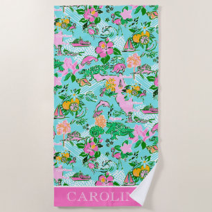 Florida Map Preppy Palm Beach Pattern Print Towel