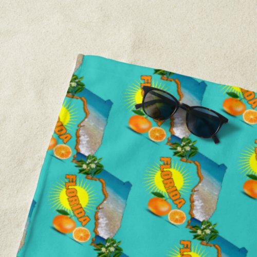 Florida Map Sunny Oranges Summer Beach Towel