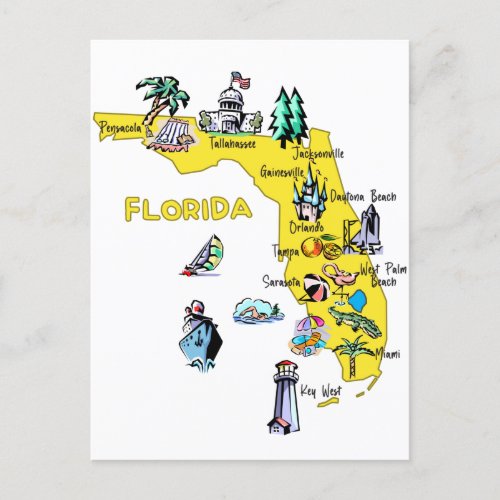 Florida map with major cities Tourist Destinations Postcard