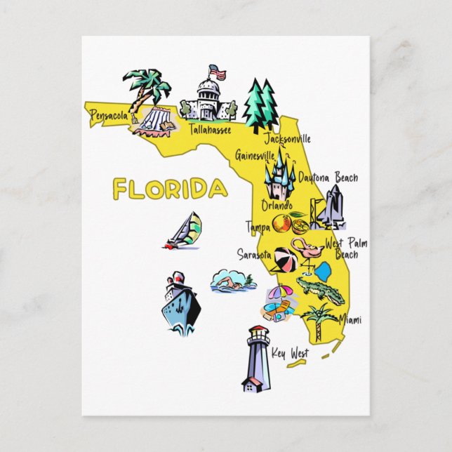 Florida map with major cities Tourist Destinations Postcard (Front)