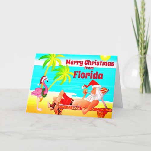 Florida Merry Christmas Santa and Flamingo Beach Holiday Card