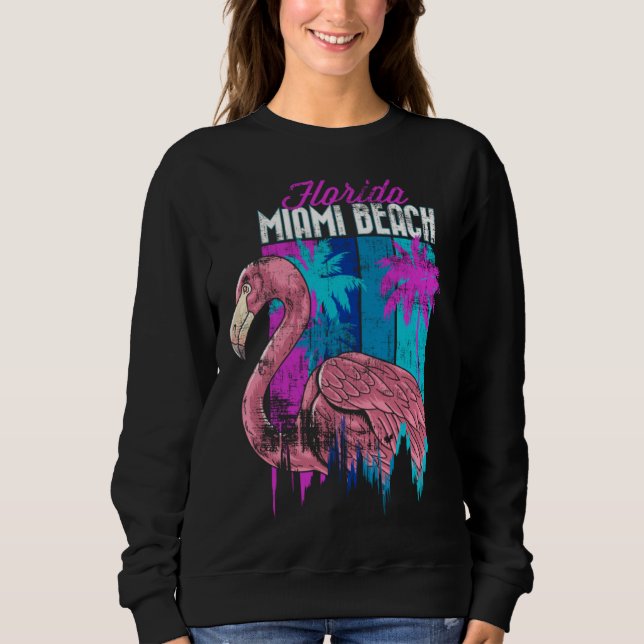 Florida Miami Beach Retro Flamingo Palm Trees Vapo Sweatshirt (Front)