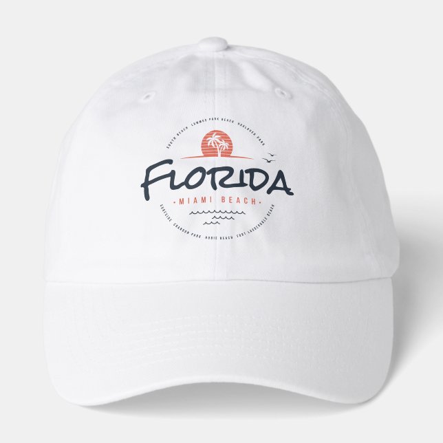 Florida Miami Beach Retro Sunset Palm Tropical Des Hat (Front)