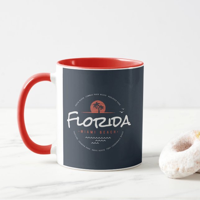 Florida Miami Beach Retro Sunset Palm Tropical Des Mug (With Donut)