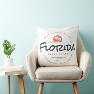 Florida Miami Beach Retro Sunset Palm Tropical Des Throw Pillow