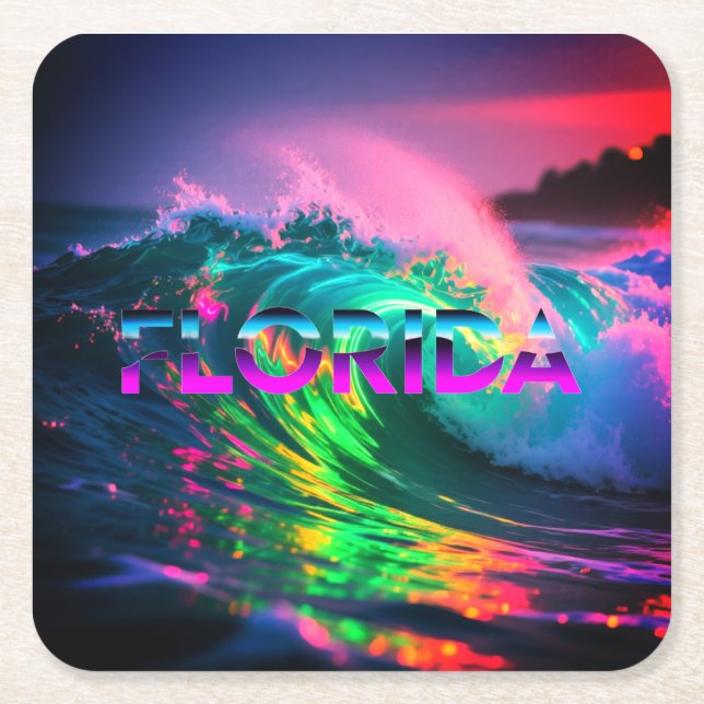 Florida – Neon Wave Vibes Square Paper Coaster (Front)