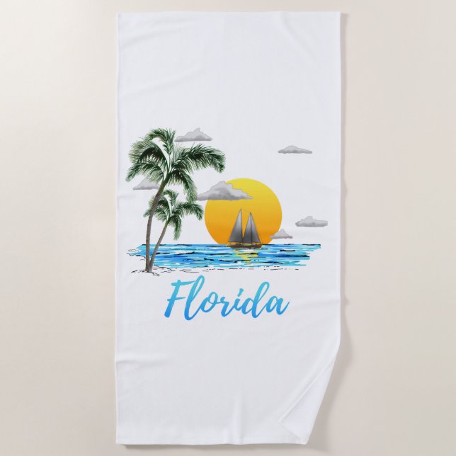 Florida Ocean Sunset Sailing Beach Towel (Front)