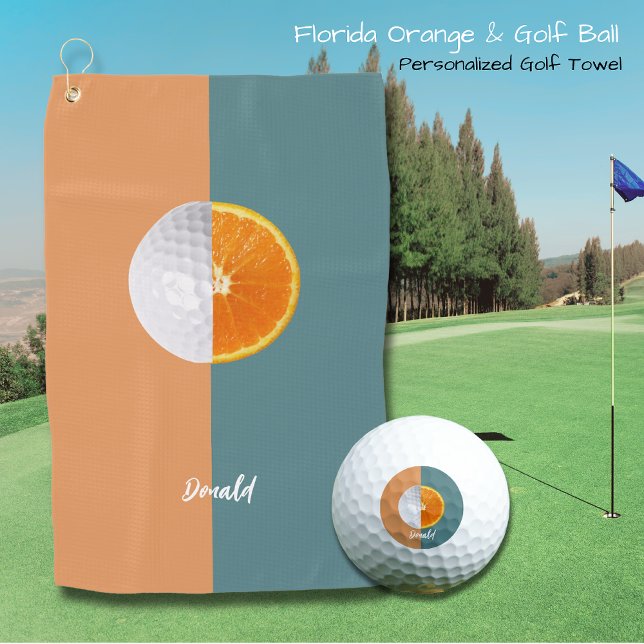 Florida Orange and Golf Ball  Towel (Personalized Golf towel with contrasting colors, half golf ball & half Florida Orange! Perfect gift!)