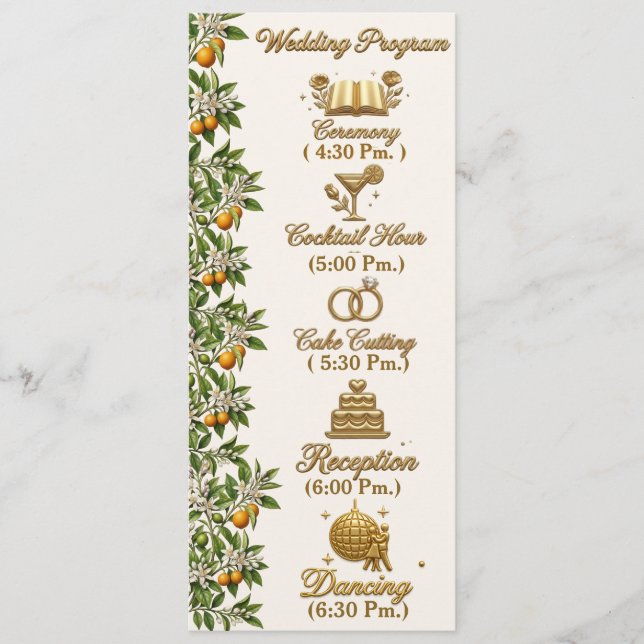 Florida Orange Blossom Gold Elegant Wedding Prog.  Program (Front)