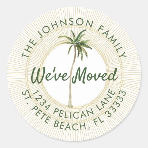 Florida Palm Golden Sun White Moving Announcement Classic Round Sticker