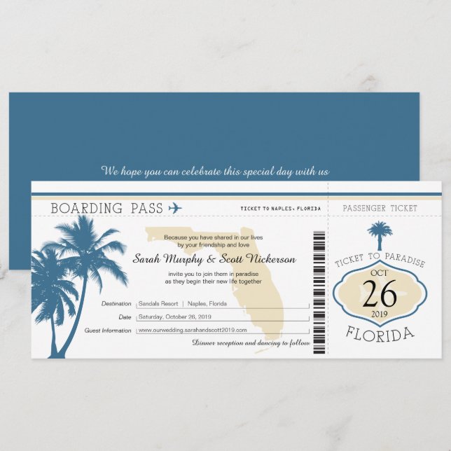 Florida Palm Tree Boarding Pass Wedding Invitation (Front/Back)