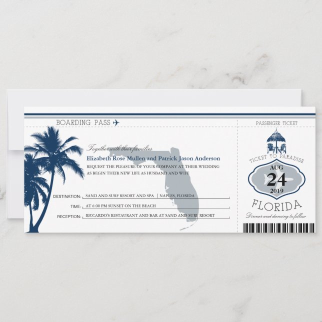 Florida Palm Tree Boarding Pass Wedding Invitation (Front)