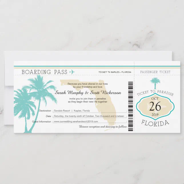 Florida Palm Tree Boarding Pass Wedding Invitation | Zazzle