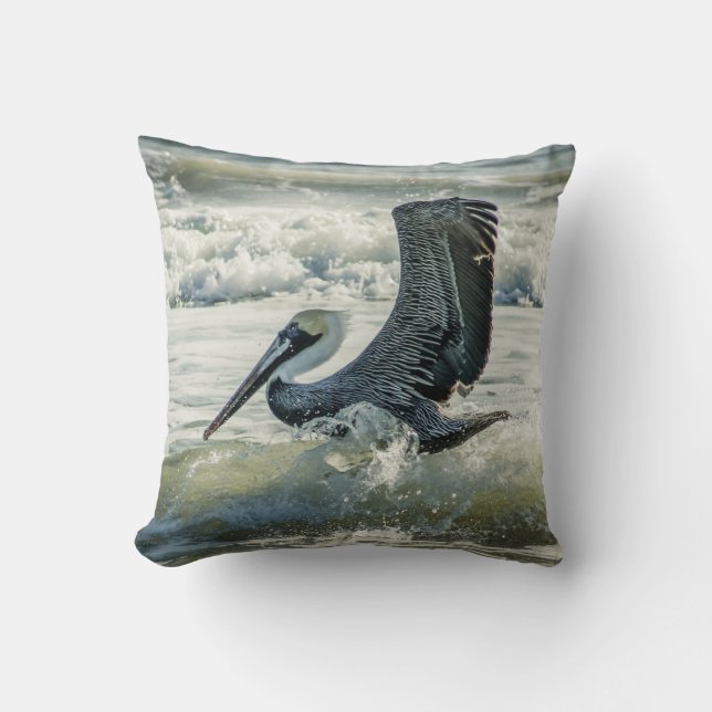 Florida Pelican and Ocean Waves Throw Pillow (Front)