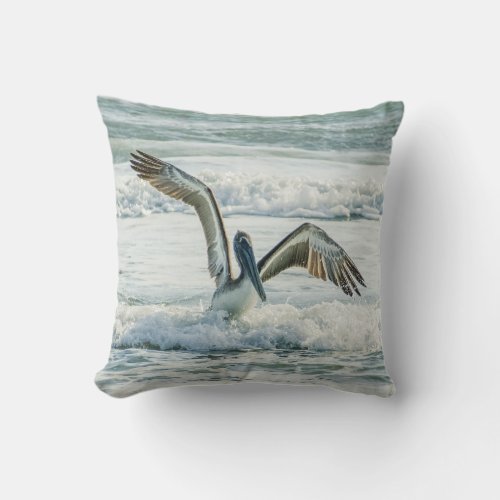 Florida Pelican and Ocean Waves Throw Pillow