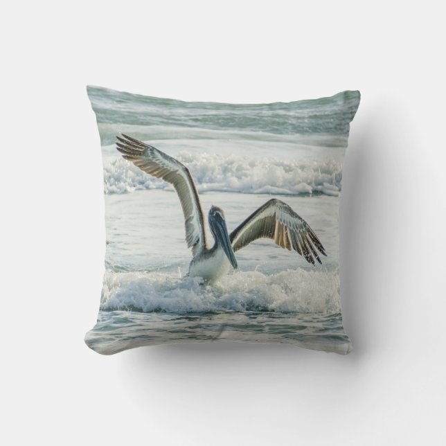 Florida Pelican and Ocean Waves Throw Pillow (Front)