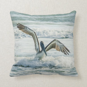 Florida Pelican and Ocean Waves Throw Pillow