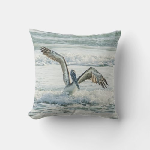 Florida Pelican Ocean Waves Outdoor Throw Pillow