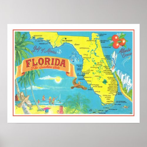 Florida Postcard Map 18x24 Poster Print