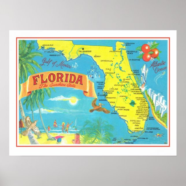 Florida Postcard Map 18x24 Poster Print (Front)