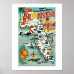 Florida Retro Postcard Map Poster<br><div class="desc">Vintage Florida! Such a great print of an old Florida souvenir postcard. We have several old postcard prints in the store that together make a great collection for home decor. This postcard highlights the old state of Florida attractions and cities and towns its famous for. It's colorful and charming adorned...</div>