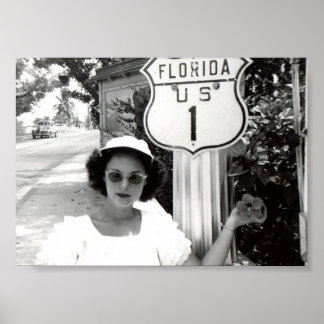Florida, Route 1, Road Sign, Woman, Vintage Poster