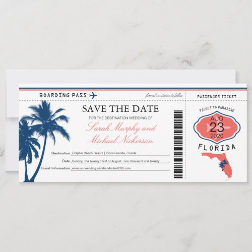 Florida Save the Date Boarding Pass with Photo