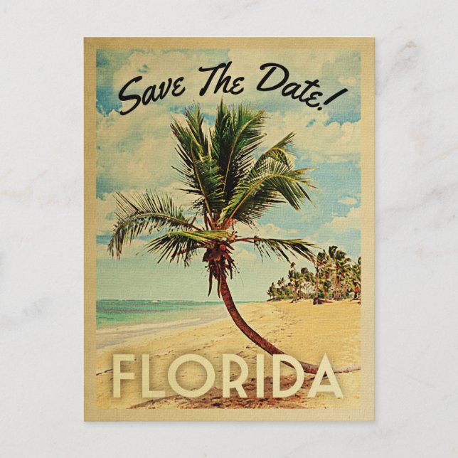 Florida Save The Date Vintage Beach Palm Tree Announcement Postcard (Front)