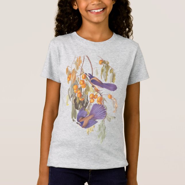 Florida Scrub Jay Audubon Birds on Orange Tree T-Shirt (Front)
