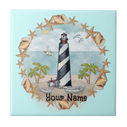 Florida Shells Lighthouse custom name Tile