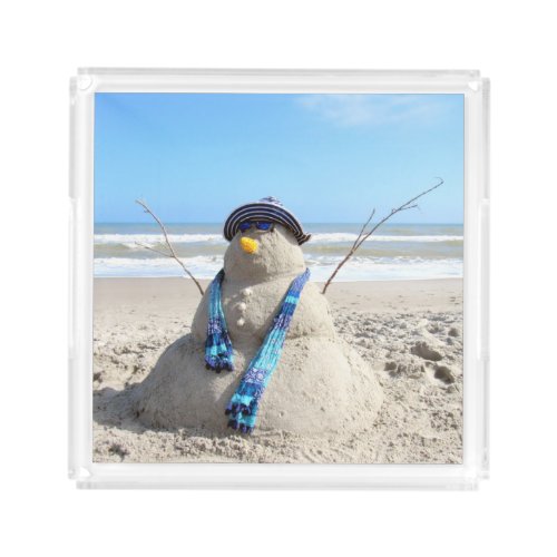 Florida Snowman Sand Sculpture Acrylic Tray