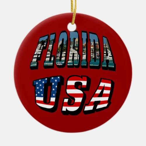 Florida State and USA Flag Text Ceramic Ornament