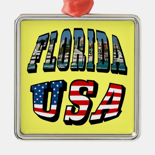 Florida State and USA Flag Text Metal Ornament (Front)