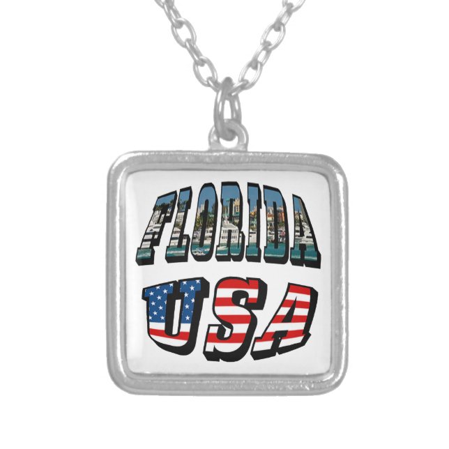Florida State and USA Flag Text Square Silver Plated Necklace (Front)