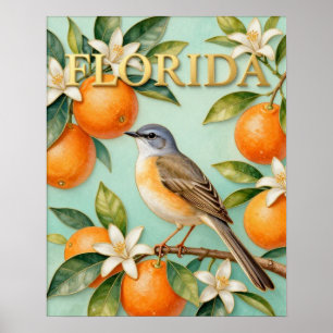 Florida State Bird & Orange Blossom Nature Poster